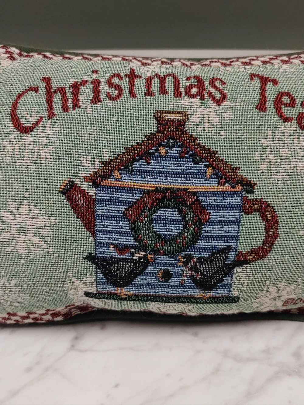 VTG cottage Debbie Mumm tapestry Snowflake Rectangle green Pillow Christmas Tea